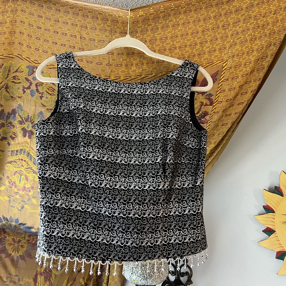 Vintage Cachet Black and White Beaded Fringe Sleeveless Top